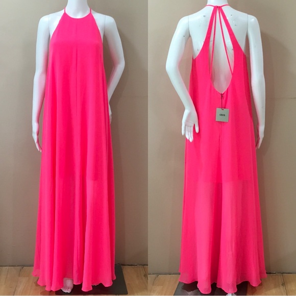 ASOS Dresses & Skirts - ASOS Neon Pink Halter Maxi Dress Open Strappy Back Chiffon Flowy Gown Womens 6